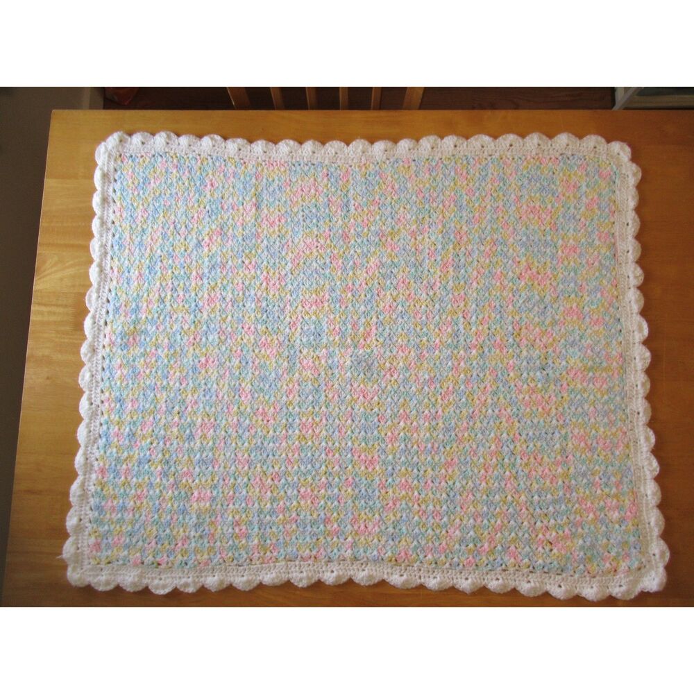 Rainbow Baby Afghan Pink, Yellow, Blue, Green, White w/Scalloped Border 31 x 39